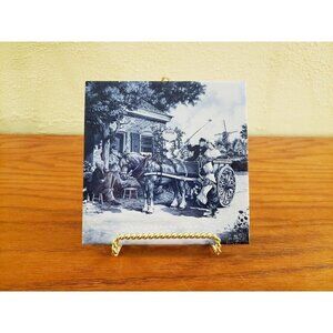 Vintage Mosa Holland Decorative Tile Horse Carriage Blue 6 x 6 Trivet  Wall Art
